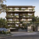 Architectural rendering of the podium planting and ground-level arrival experience of the proposed Lucia Riverfront project.