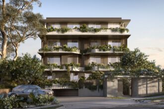 Architectural rendering of the podium planting and ground-level arrival experience of the proposed Lucia Riverfront project.