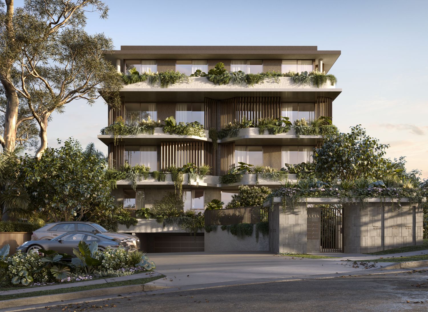 Architectural rendering of the podium planting and ground-level arrival experience of the proposed Lucia Riverfront project.