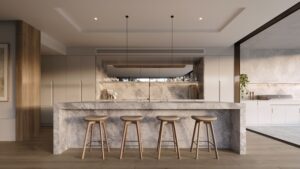 Architectural rendering of the kitchen area within the proposed Lucia Riverfront project.