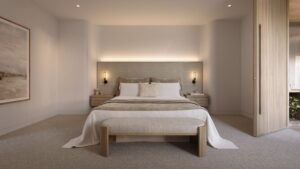 Architectural rendering of the master bedroom within the proposed Lucia Riverfront project.