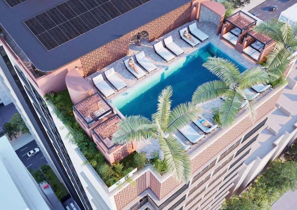 Architectural rendering of the rooftop pool and relaxation deck of the proposed Spring House project.