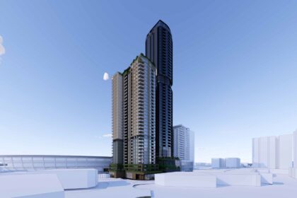 Architectural rendering of the Stanley Quarter towers from Stanley Street showing the East and West Towers.
