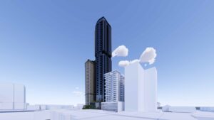 Architectural rendering of the Stanley Quarter towers from Stanley Street showing the East and West Towers.