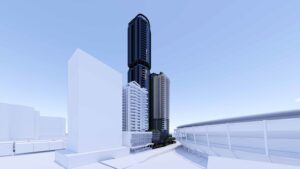 Architectural rendering of the Stanley Quarter twin towers viewed from The Gabba showing overall massing and skyline presence.