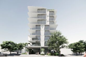 Architectural rendering of the external built form of the proposed residential development at 68 Browning Street, South Brisbane.