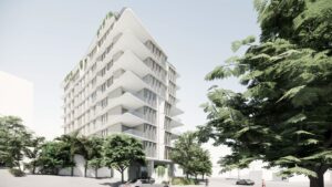 Architectural rendering of the external built form of the proposed residential development at 68 Browning Street, South Brisbane.