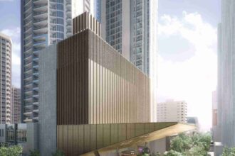 Architectural rendering of the Albert Street Station project showing the main station canopy and upgraded pedestrian plaza.