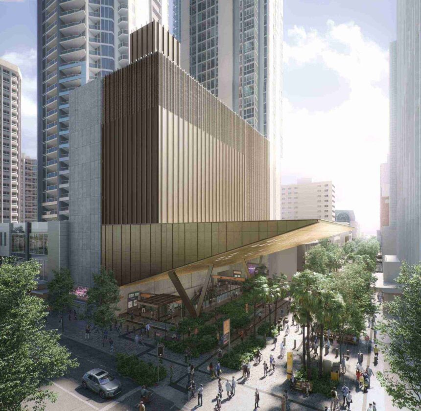 Architectural rendering of the Albert Street Station project showing the main station canopy and upgraded pedestrian plaza.