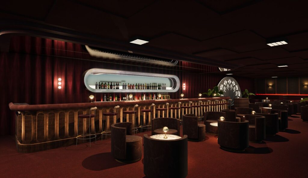 Architectural rendering of the Vixen Room lounge and bar space of the proposed Hotel Terminus project.
