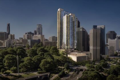 Architectural rendering of a conceptual Turbot Street proposal showing a pair of residential and hotel towers rising above the heritage Queensland Dental Hospital building with the Brisbane CBD skyline in the background.