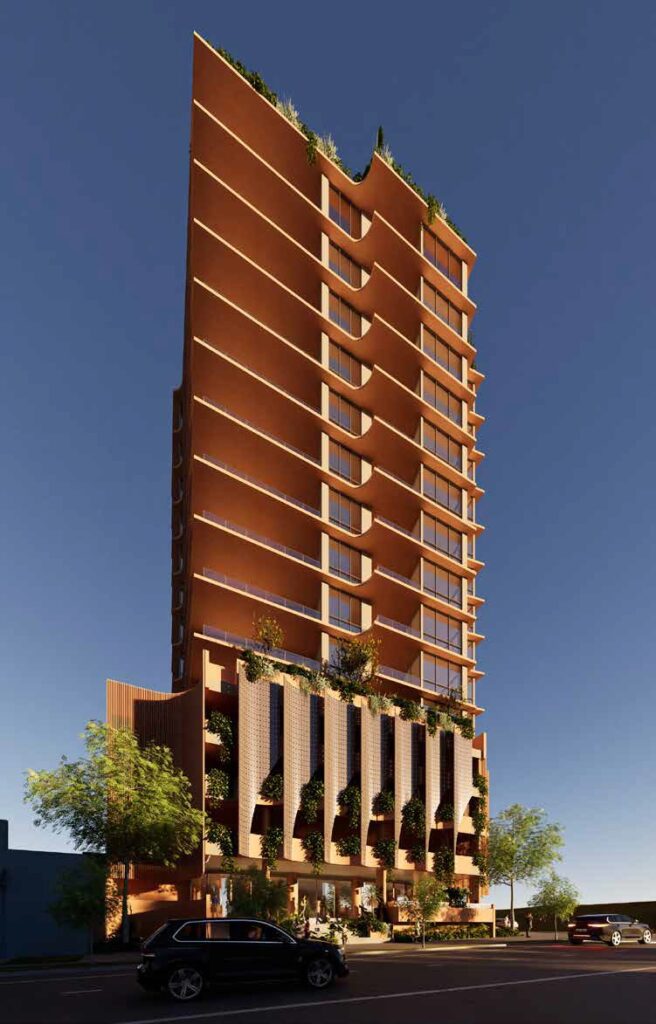 Architectural rendering of the external built form of the proposed 22–24 Sylvan Road, Toowong project.