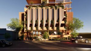 Architectural rendering of the podium interface and landscaped ground level of the proposed 22–24 Sylvan Road, Toowong project.