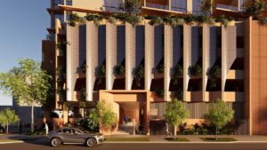 Architectural rendering of the podium interface and landscaped ground level of the proposed 22–24 Sylvan Road, Toowong project.