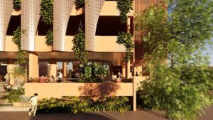 Architectural rendering of the podium interface and landscaped ground level of the proposed 22–24 Sylvan Road, Toowong project.