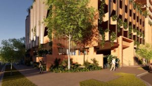 Architectural rendering of the podium interface and landscaped ground level of the proposed 22–24 Sylvan Road, Toowong project.