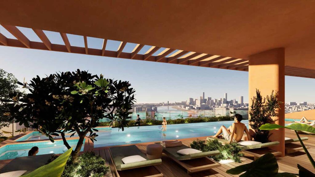 Architectural rendering of the rooftop recreation deck of the proposed 22–24 Sylvan Road, Toowong project.