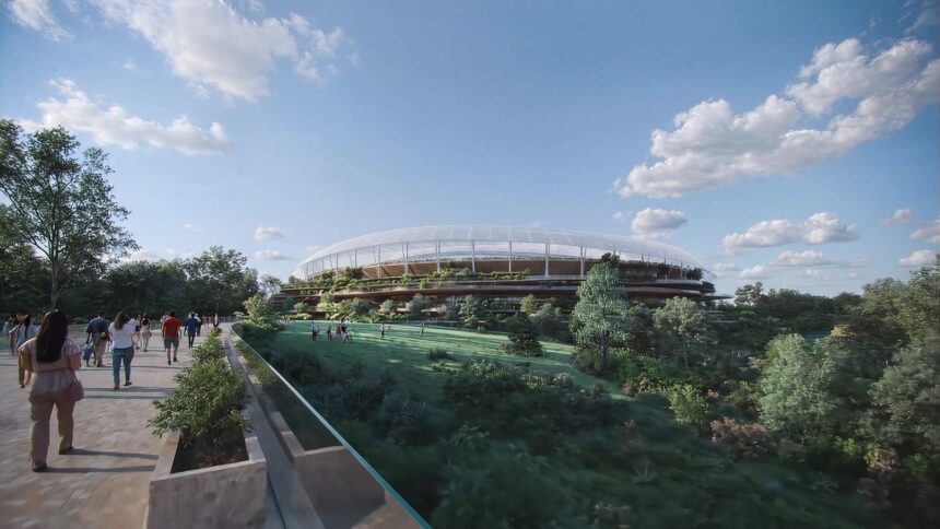Architectural rendering of the Brisbane Stadium exterior showing terraced landscaping and shaded circulation spaces.