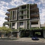 Architectural rendering of the proposed five storey mixed use development at 123-125 Racecourse Road, Ascot showing the articulated facade, vertical screening elements and integrated planting.