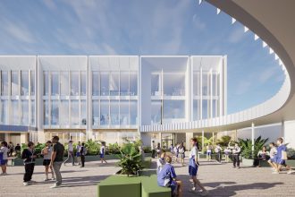 Architectural rendering of the proposed Windsor Inner North Secondary School campus, designed by Hayball for Brisbane Catholic Education.