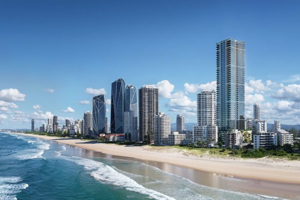 Palmera tower viewed from the Northcliffe beachfront, Gold Coast, by Marchese Partners
