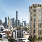 Artist's impression of the 34-storey 57 Berwick Street tower rising above Fortitude Valley with the Brisbane CBD skyline beyond