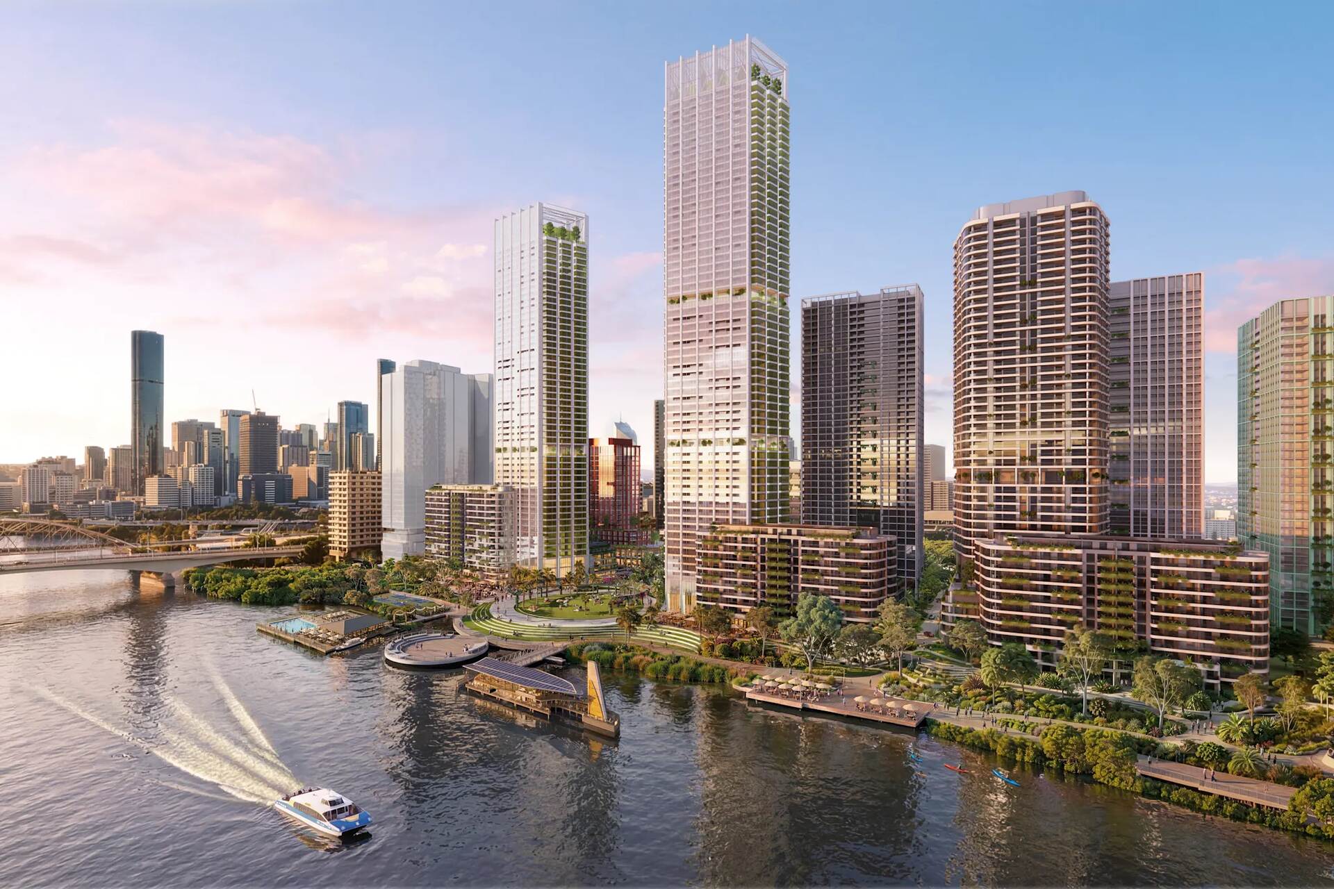 Aerial render of the proposed Lendlease precinct on the former Visy site, looking along the Brisbane River to the CBD
