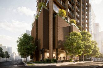 A close view of the podium corner, showing the masonry brick lattice screens, the heavy columns and the stepped, terraced greenery above each screen. Render by Bureau Proberts.