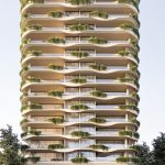 Render of the 18 storey Banksia tower at Kangaroo Point with undulating planted balconies