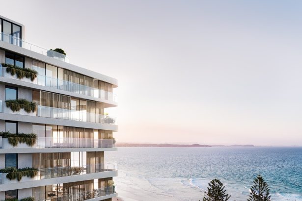 Render of Flow Residences overlooking Rainbow Bay and the Snapper Rocks surf break