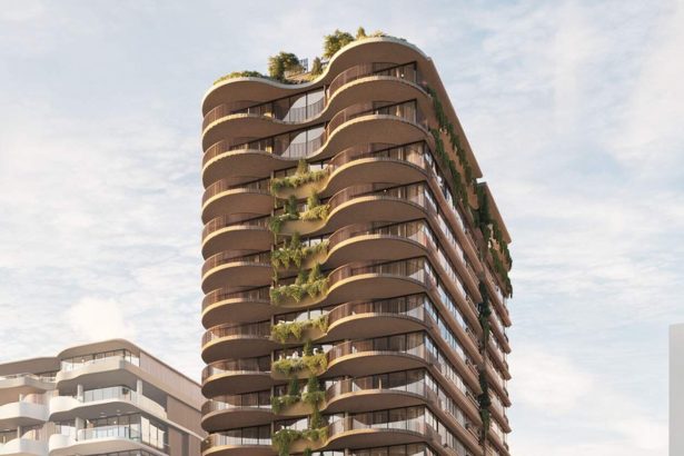 Render of the proposed 18 storey tower at 17 to 21 Maud Street, Newstead, by Bureau Proberts