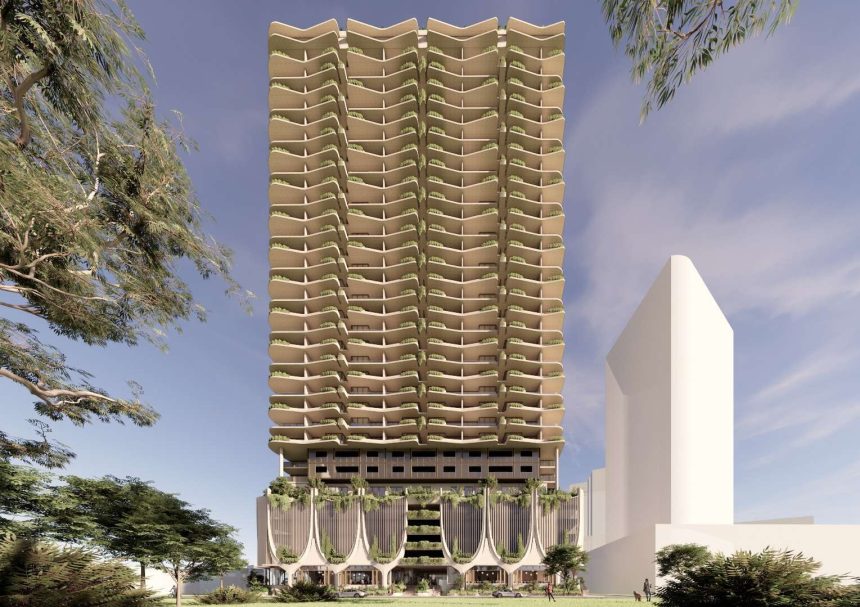 Artist's impression of the proposed 34 storey tower at Gordon Street, Newstead