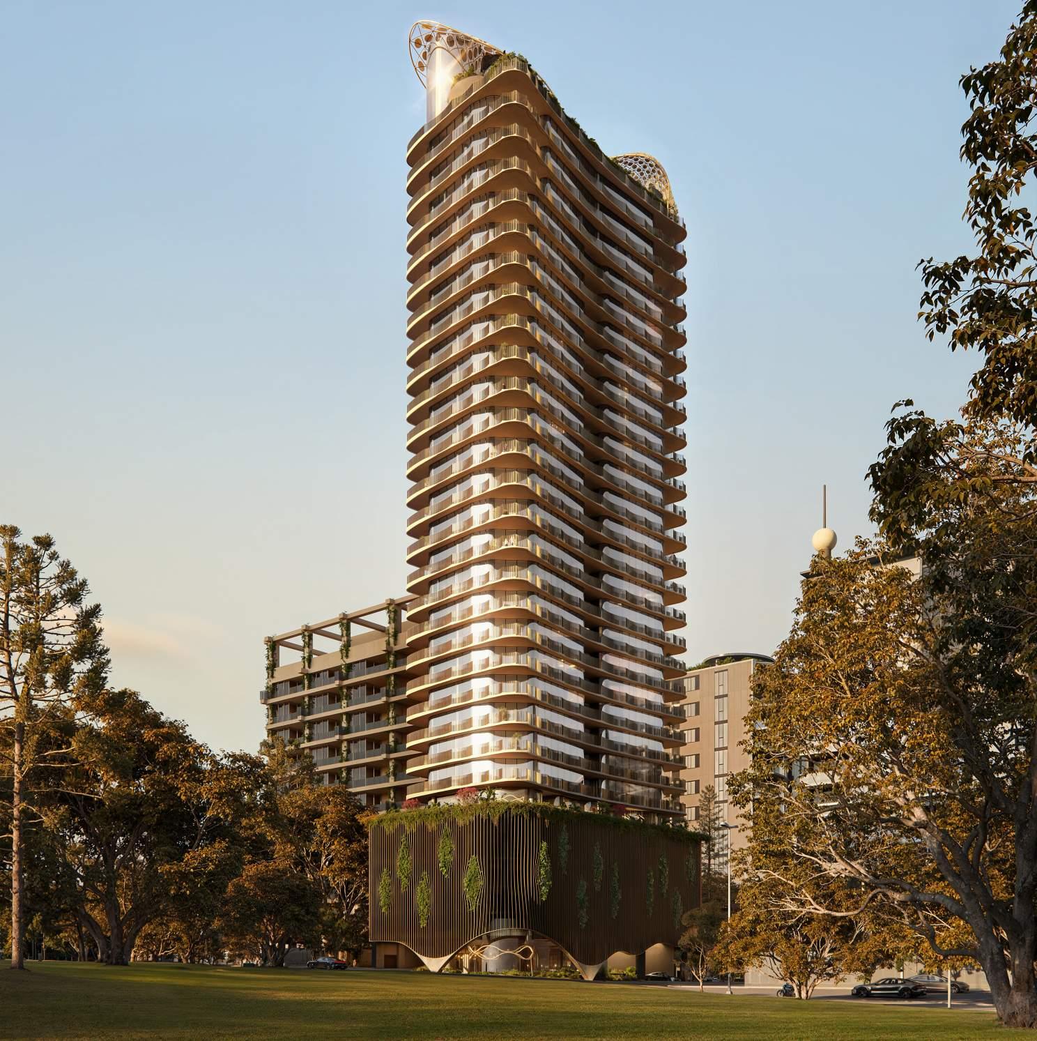 Render of the fluid, curvilinear tower form at 39 Russell Street