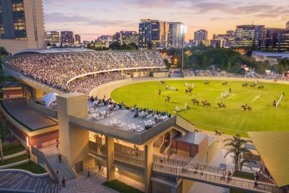 The upgraded Main Arena at dusk, with an equestrian event on the showring. Artist impression via Delivering 2032.