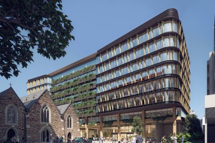 Render of the Arbory South office building beside St Patricks Church, Fortitude Valley