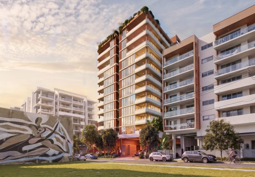 Render of the proposed 13 storey tower at 5 Wolfe Street, West End, seen from Beesley Street