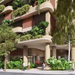 Render of the podium of the proposed tower at 64 Peel Street and 9 Cordelia Street, South Brisbane, with cascading planters