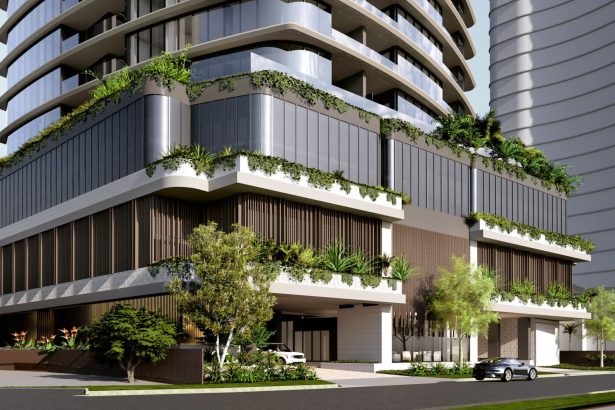 Render of the planted podium of Lyon Residences on Acacia Avenue, Surfers Paradise