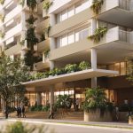 Render of the Wyandra Street entry to the proposed tower at 22 to 40 Wyandra Street, Newstead, with planted podium edges