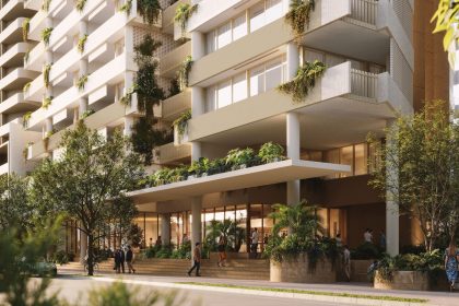 Render of the Wyandra Street entry to the proposed tower at 22 to 40 Wyandra Street, Newstead, with planted podium edges