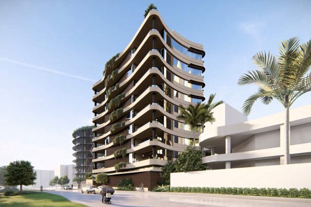Render of the curved nine storey apartment building at 16 Hamilton Street, Kangaroo Point
