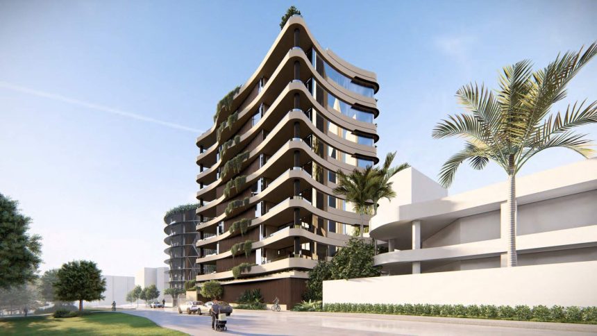 Render of the curved nine storey apartment building at 16 Hamilton Street, Kangaroo Point