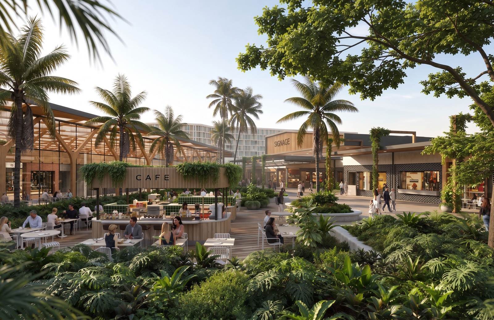 Render of the redeveloped Toombul town centre plaza with palms and timber canopies