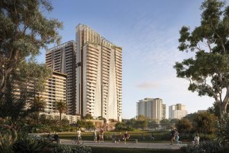 Hamilton Grove residential tower viewed from the surrounding parkland