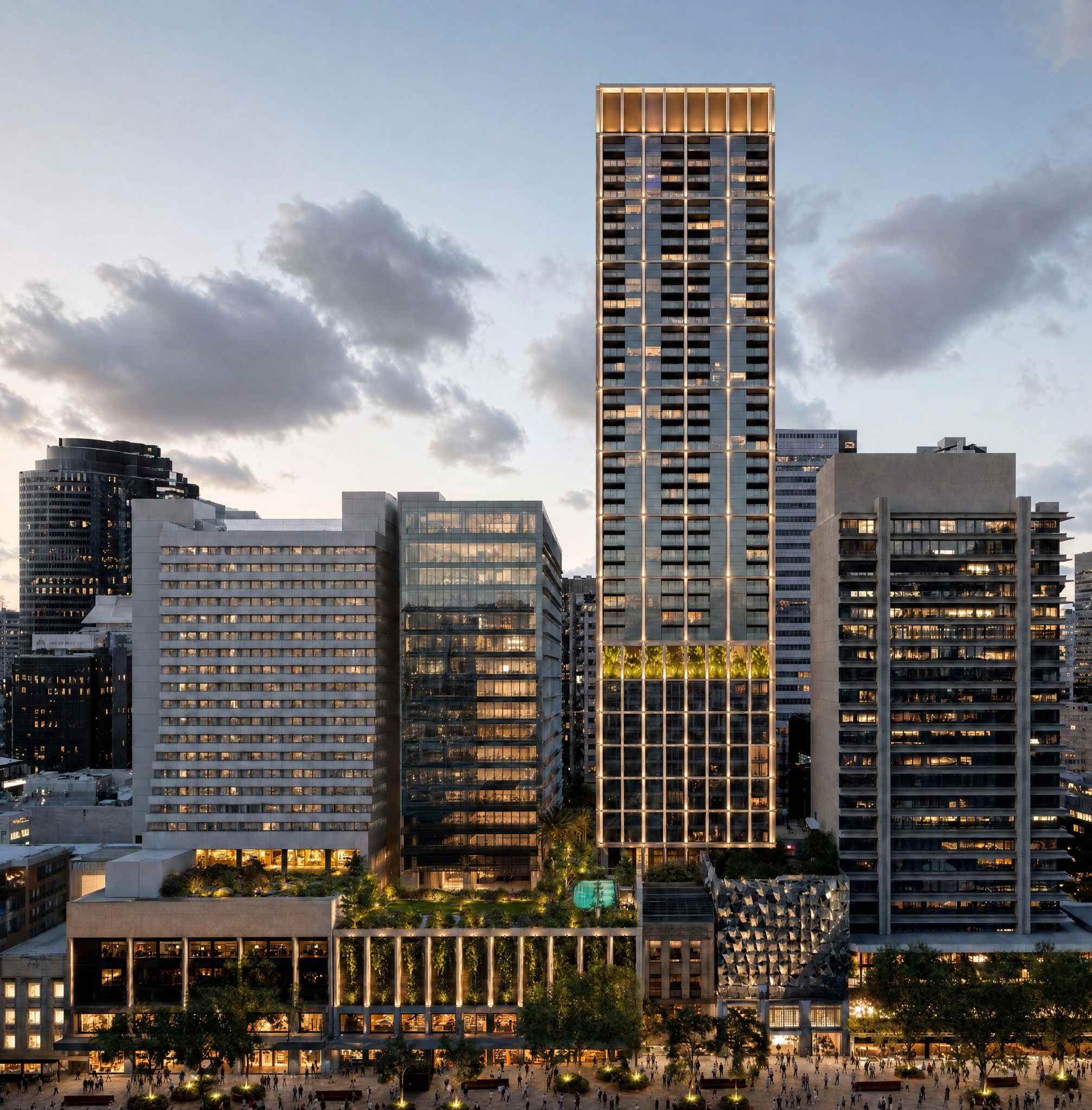 An evening view of the two towers from Queen Street Mall.